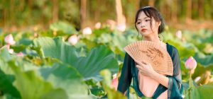 韩漫推荐作品花妖物语封面，唯美风格，女主角被花朵与光芒环绕，色调温暖粉金